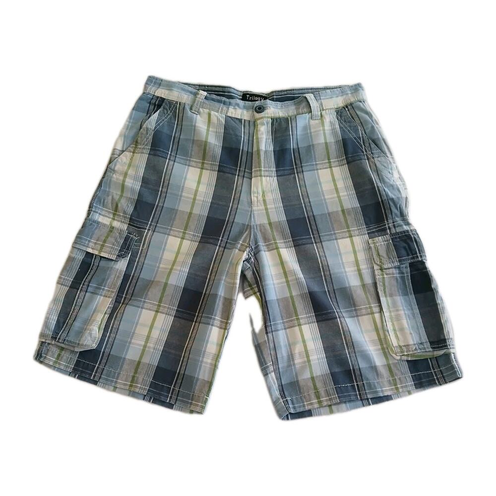 Trilogy Men's Shorts Size 36 Blue Cargo Plaid Casual Summer Beach